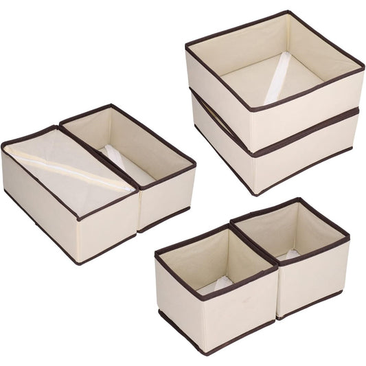 Organizator pentru Sertar, Flippy, 3 Marimi, pentru Lenjerie, Tricouri, Sosete, 6 Piese, Pliabil, Stivuibil, din Tesatura, Alb/Maro-1
