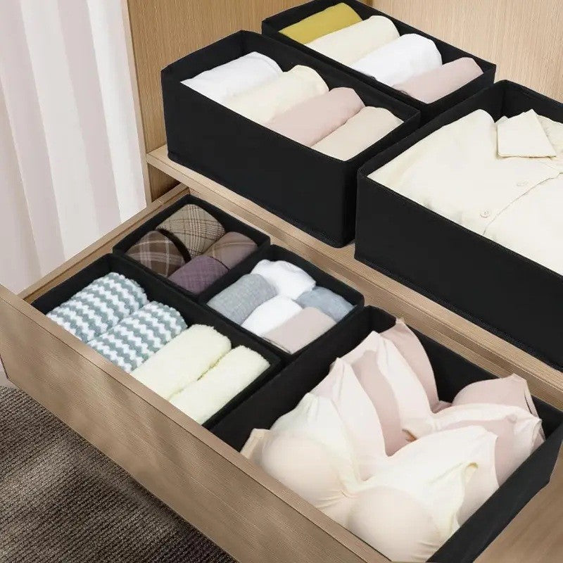 Organizator pentru Sertar, Flippy, 3 Marimi, pentru Lenjerie, Tricouri, Sosete, 6 Piese, Pliabil, Stivuibil, din Tesatura, Negru-4