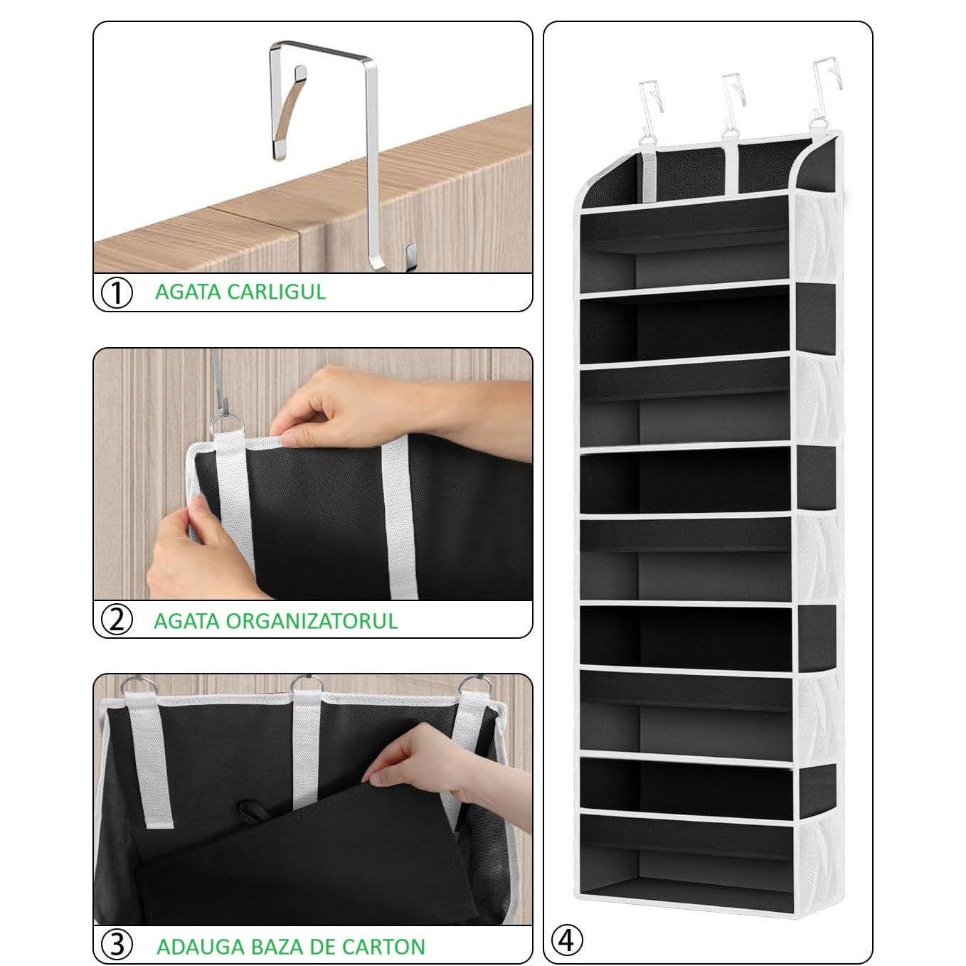 Organizator Suspendat pentru Usi, Flippy, din Nailon si Plasa, Baza de Carton Ingrosat, 5 Buzunare Principale + 10 Buzunare Laterale, 140 x 39 x 17 cm, 3 Carlige Incluse, Negru-1