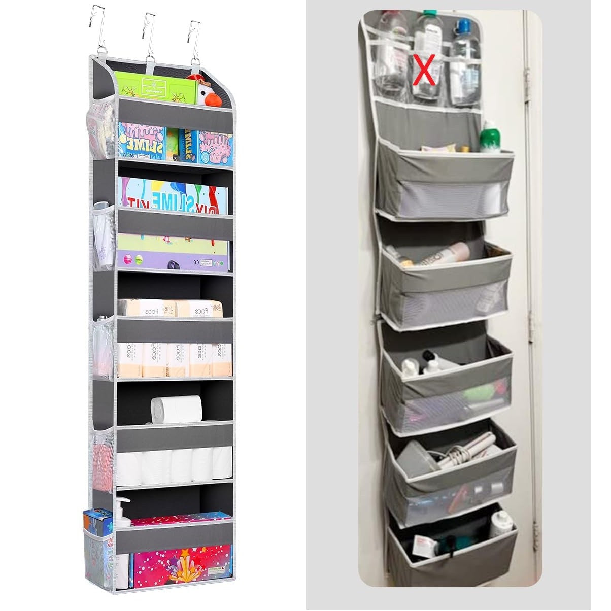 Organizator Suspendat pentru Usi, Flippy, din Nailon si Plasa, Baza de Carton Ingrosat, 5 Buzunare Principale + 10 Buzunare Laterale, 140 x 39 x 17 cm, 3 Carlige Incluse, Gri-1