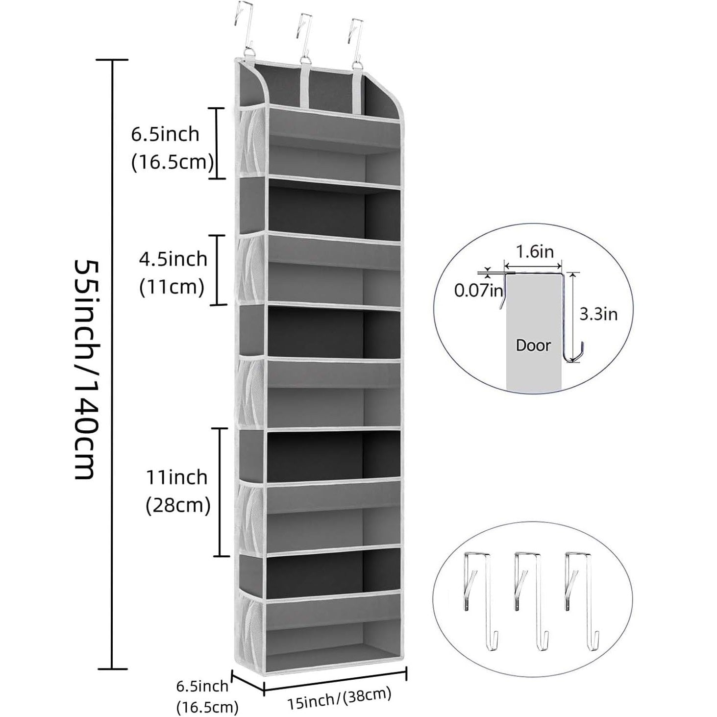 Organizator Suspendat pentru Usi, Flippy, din Nailon si Plasa, Baza de Carton Ingrosat, 5 Buzunare Principale + 10 Buzunare Laterale, 140 x 39 x 17 cm, 3 Carlige Incluse, Gri-2