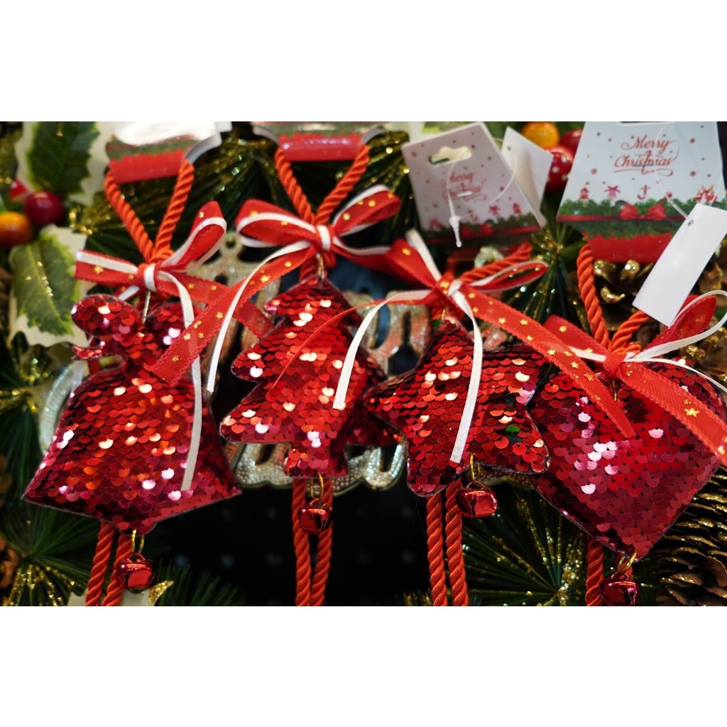 Ornament de brad clopotel cu paiete, Flippy, rosu, lemn, 25 cm-4