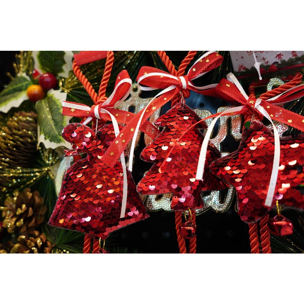 Ornament de brad clopotel cu paiete, Flippy, rosu, lemn, 25 cm-6