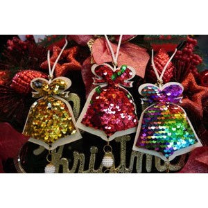 Ornament de brad clopotel cu paiete model 2, Flippy, multicolor, lemn, 36 cm-7