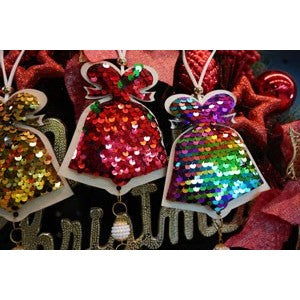 Ornament de brad clopotel cu paiete model 2, Flippy, multicolor, lemn, 36 cm-9