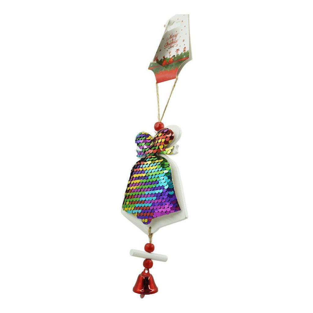 Ornament de brad clopotel din paiete, Flippy, multicolor, lemn, 18 cm-0