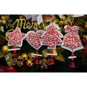 Ornament de brad clopotel din tweed, Flippy, alb/rosu, lemn, 18 cm-5