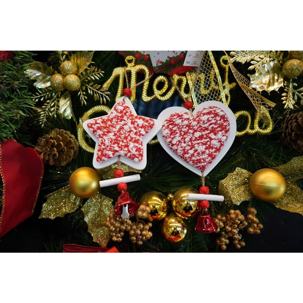 Ornament de brad inima din tweed, Flippy, alb/rosu, lemn, 18 cm-5