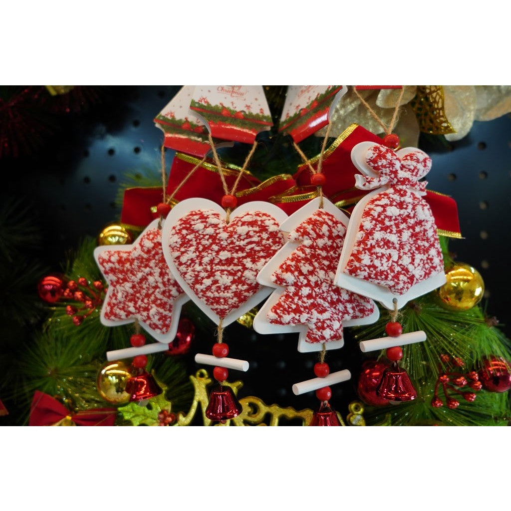 Ornament de brad pom de craciun din tweed, Flippy, alb/rosu, lemn, 18 cm-3