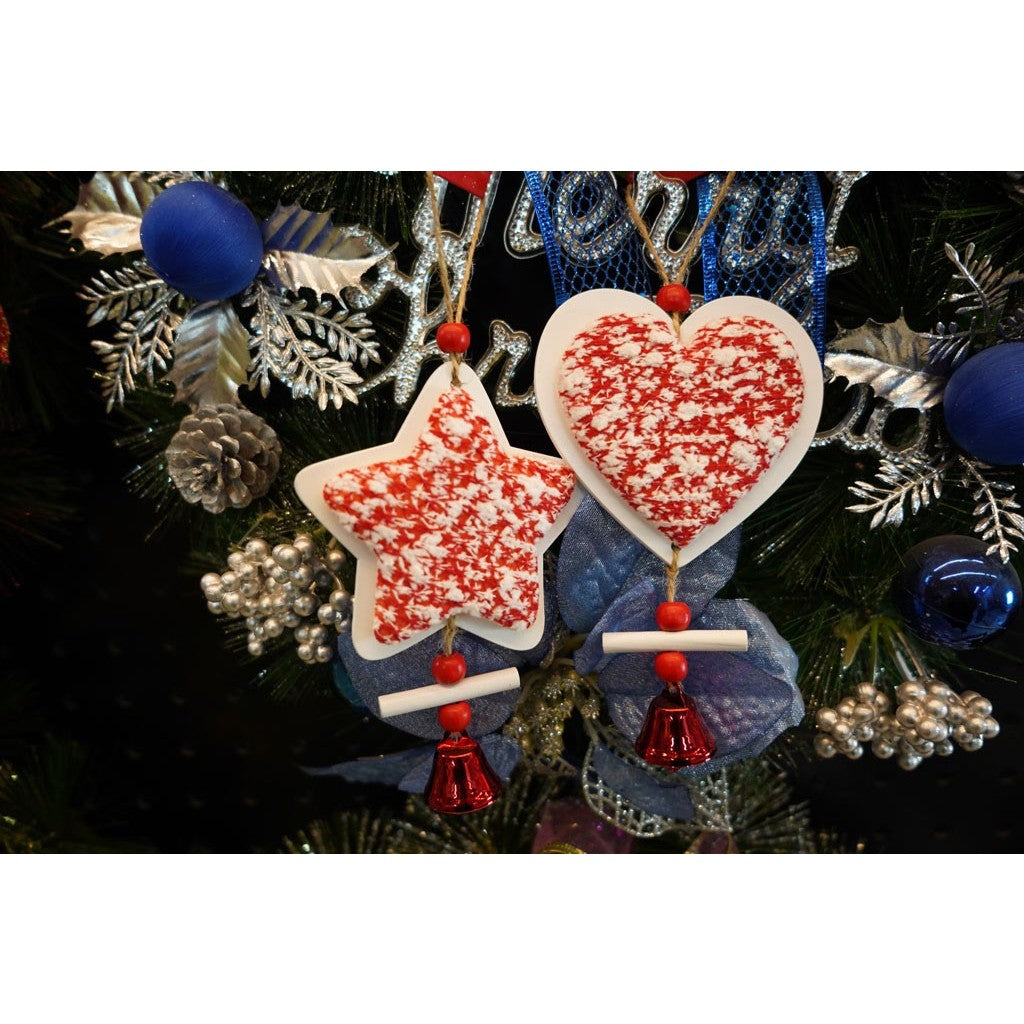 Ornament de brad stea din tweed, Flippy, alb/rosu, lemn, 18 cm-4