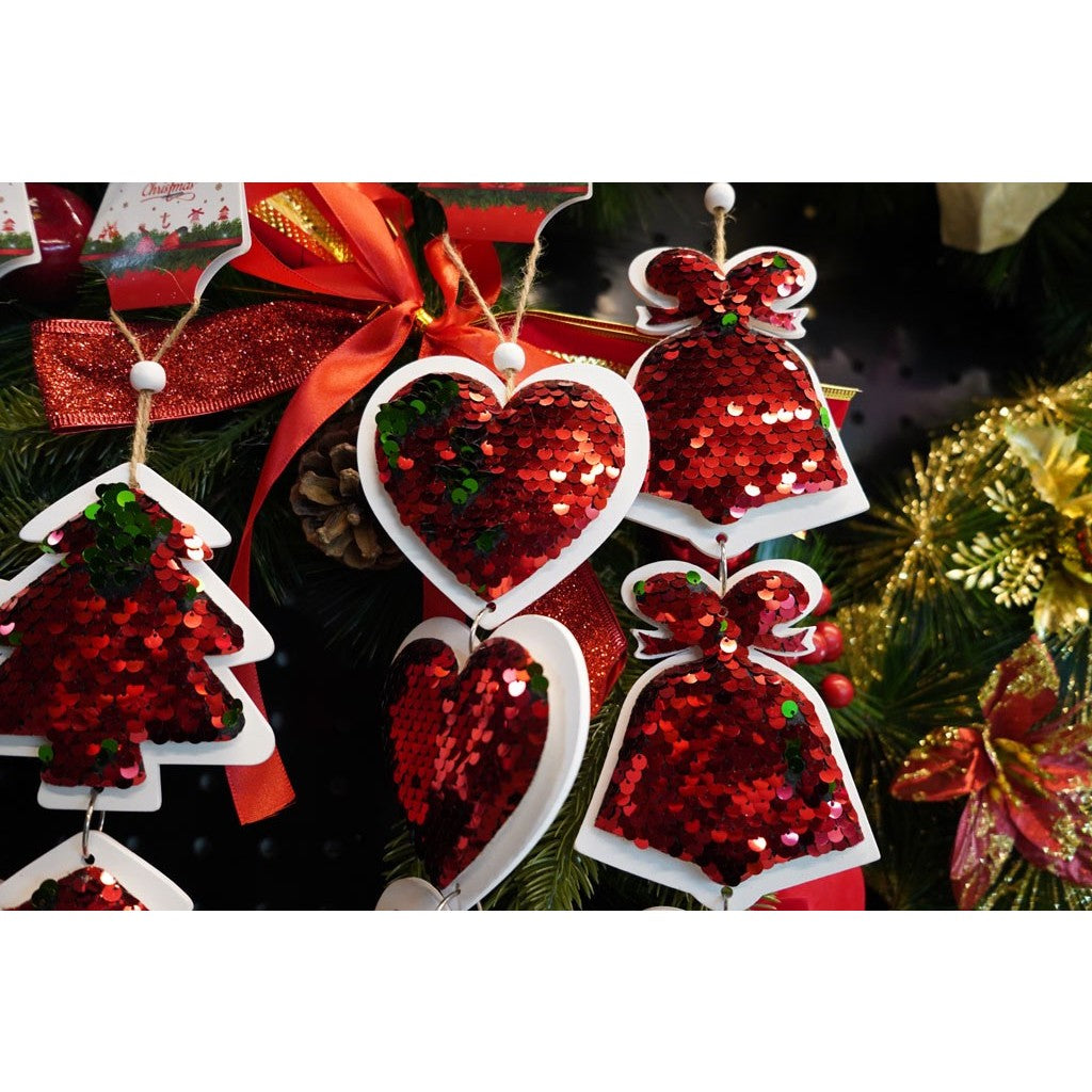 Ornament de brad trei inimi cu paiete, Flippy, rosu, lemn, 36 cm-4