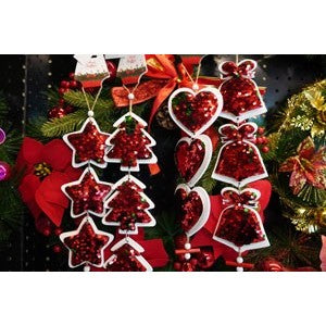 Ornament de brad trei stele cu paiete, Flippy, rosu, lemn, 36 cm-1