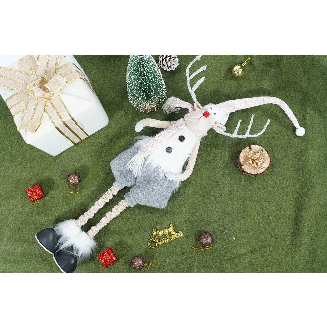 Ornament de Craciun ren cu picioare telescopice, Flippy, gri/alb, textil, 100 cm-3