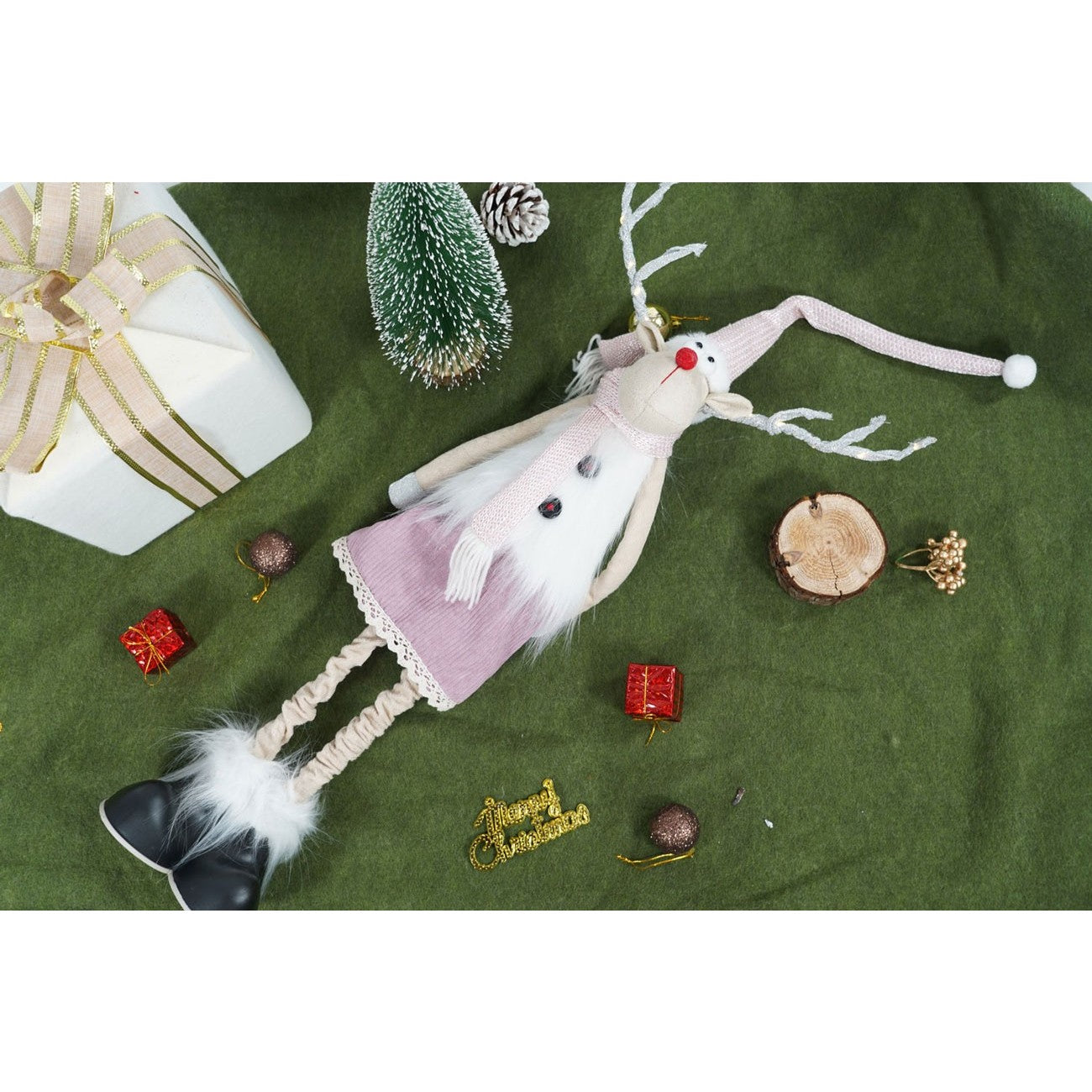 Ornament de Craciun ren cu picioare telescopice, Flippy, roz/alb, textil, 72 cm-2