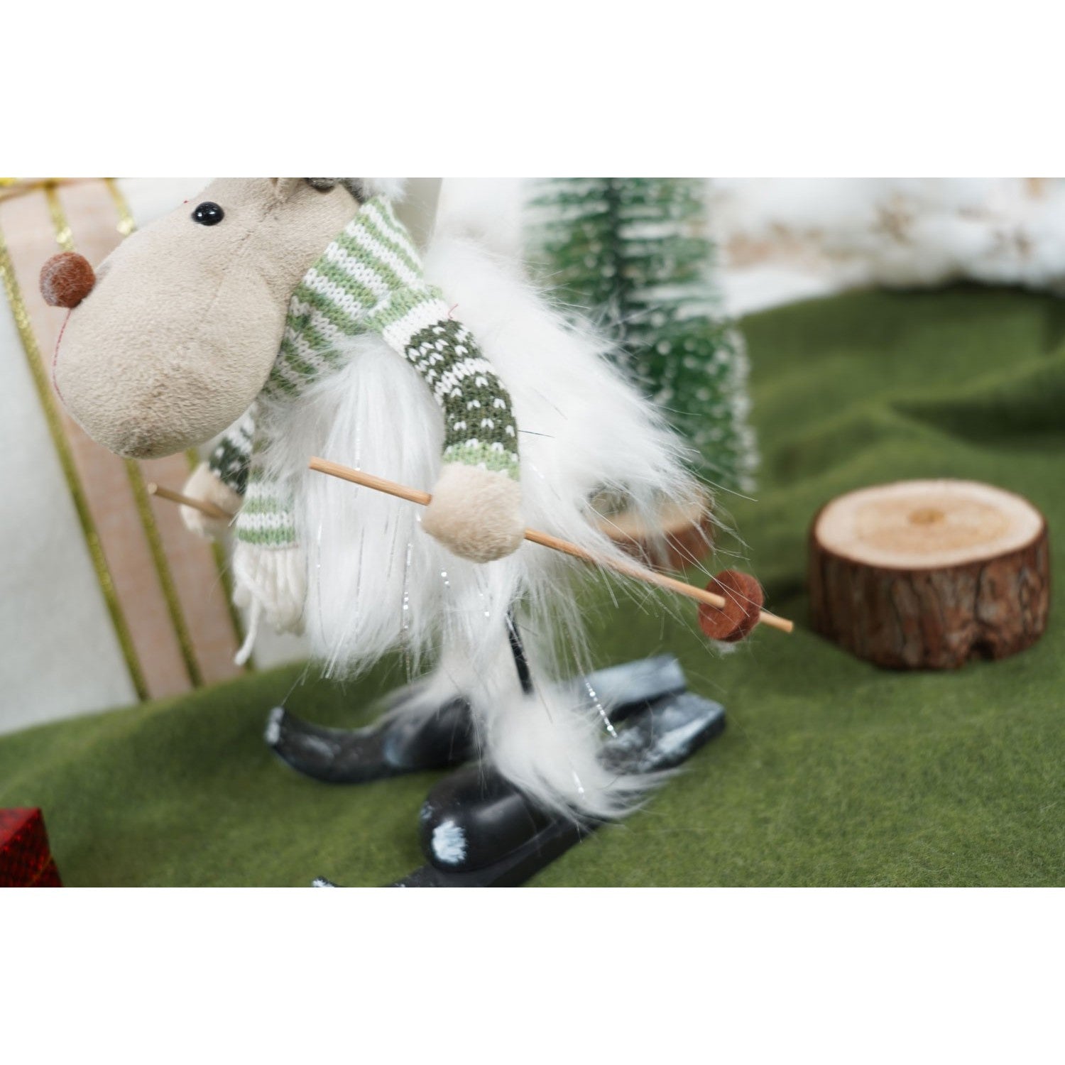 Ornament de Craciun ren pe schiuri, Flippy, alb/verde, textil, 33 cm-4