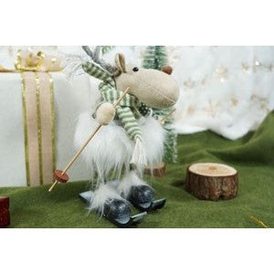 Ornament de Craciun ren pe schiuri, Flippy, alb/verde, textil, 33 cm-9