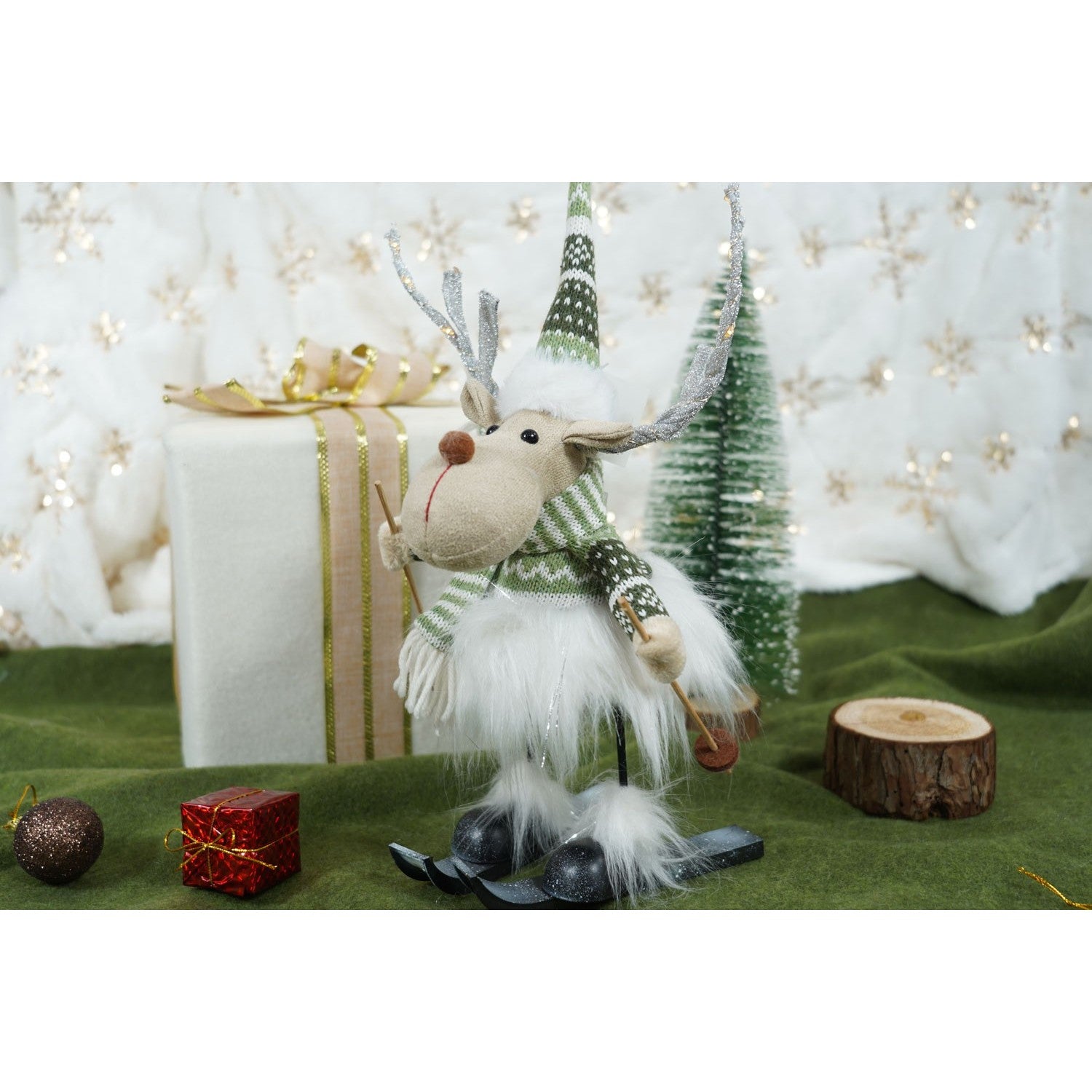 Ornament de Craciun ren pe schiuri model 2, Flippy, alb/verde, textil, 33 cm-2