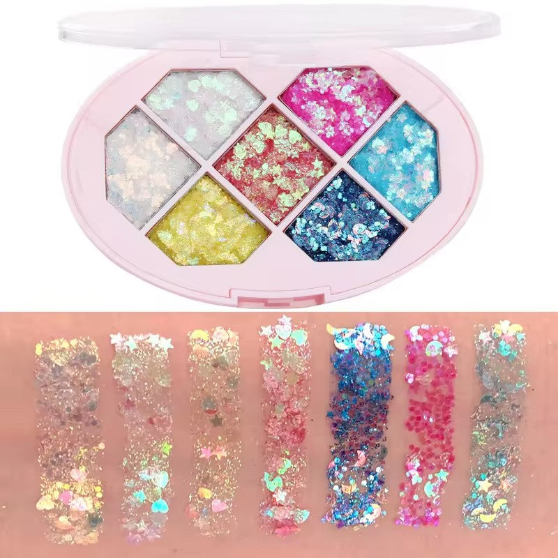 Paleta cu Glitter, Flippy, Varianta 1, 7 Nuante, Pentru Corp si Par, 50 g, Rezistent la Apa, 9.8 x 6.8 cm, Multicolor-1