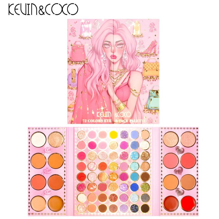 Paleta de farduri Kevin&Coco, 72 de culori, stil pliabil, conturing, iluminator, blush incluse, dreptunghiulara, 22 x 24.5 cm, 490 g, multicolor-2