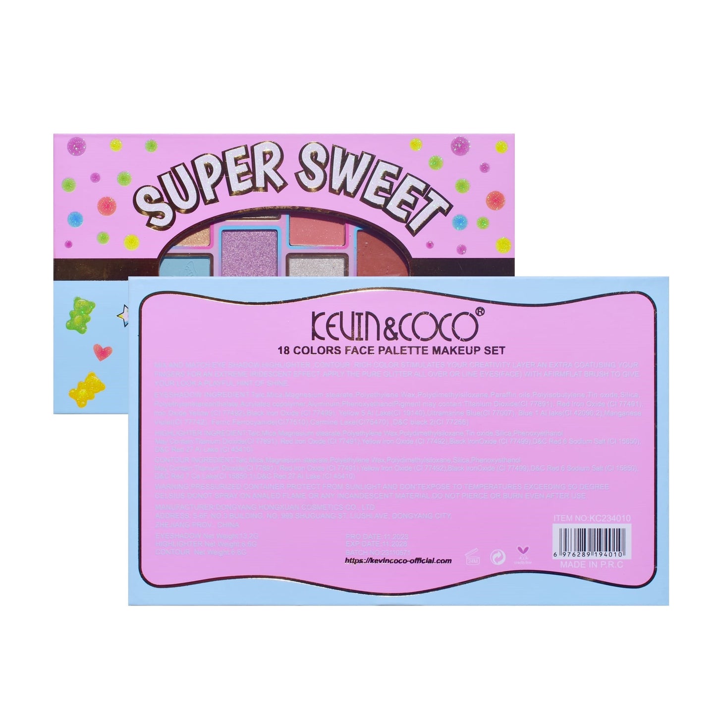 Palete de Machiaj, KEVIN & COCO, Pink Blue, Fard de Pleoape, 18 culori, 19.3 x 12 x 1.4 cm-6