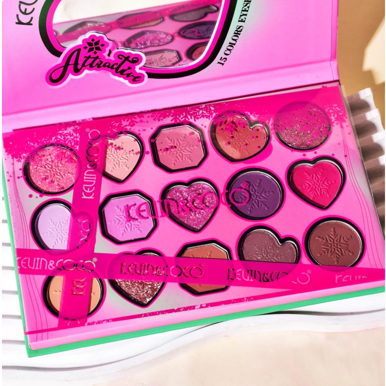 Paleta de Machiaj, KEVIN & COCO, Atractive, Farduri de Pleoape, 15 Culori, Model A, 16.5x10.8x1.5 cm, Multicolor-2