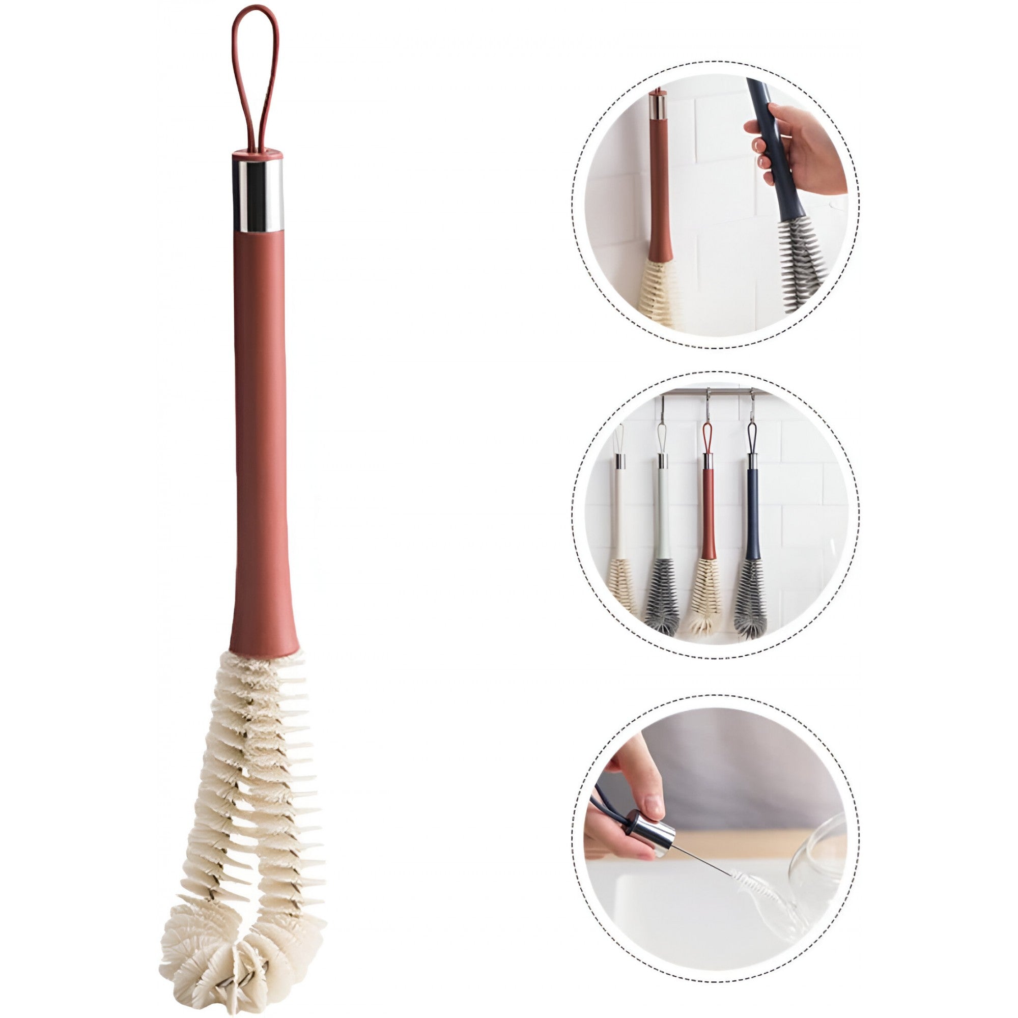 Perie de Curatat Pahare, Sticle, Biberoane, Flippy, cu Maner Lung, Uz Casnic, Silicon, Ergonomic, 3.9x5.4x38.5cm, Rosu-2