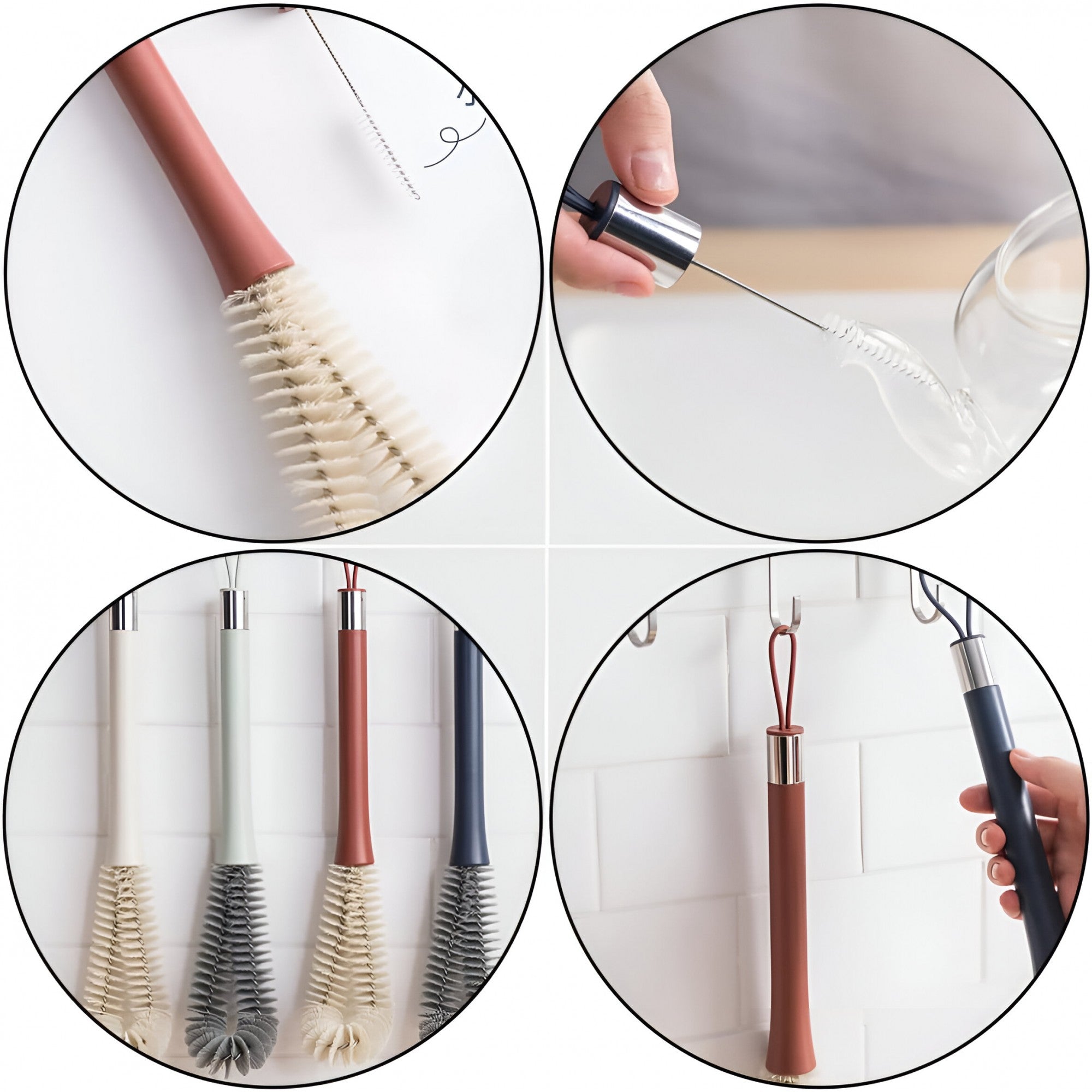 Perie de Curatat Pahare, Sticle, Biberoane, Flippy, cu Maner Lung, Uz Casnic, Silicon, Ergonomic, 3.9x5.4x38.5cm, Rosu-4