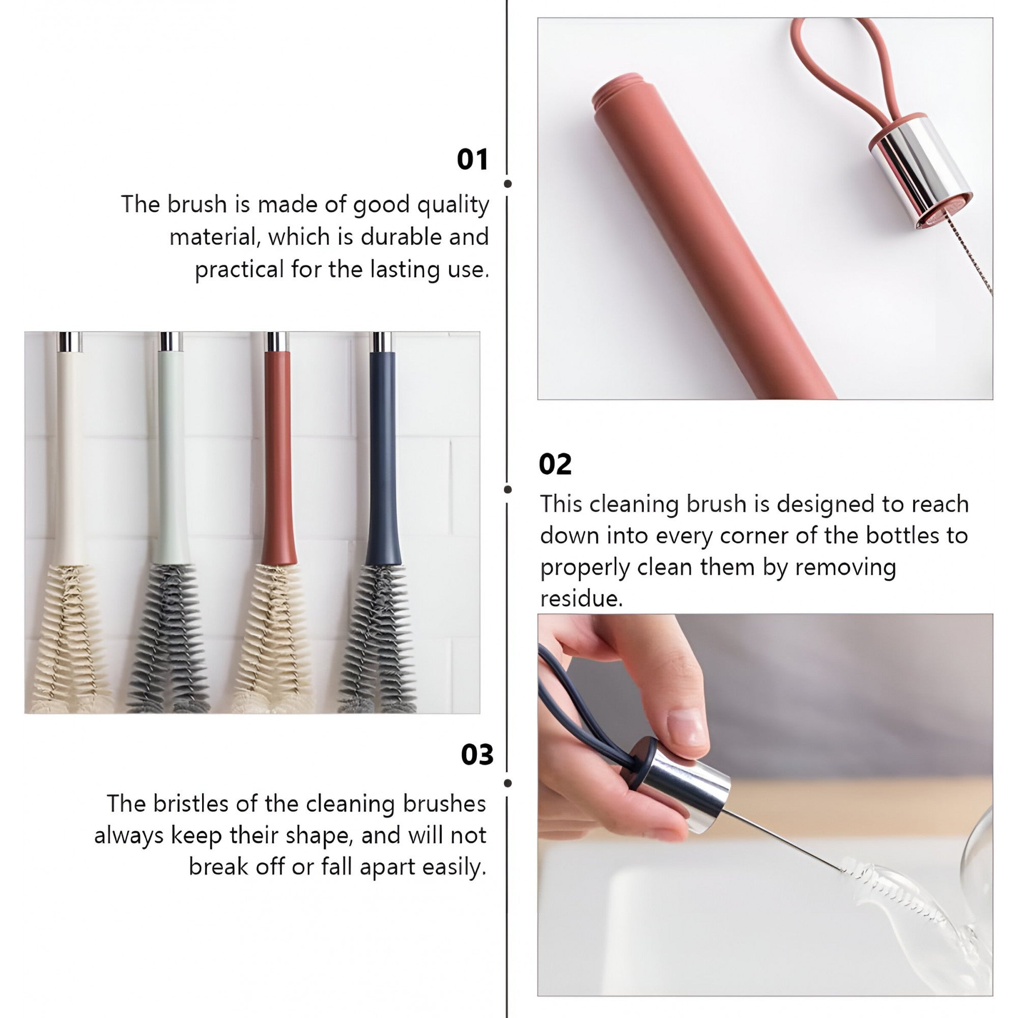 Perie de Curatat Pahare, Sticle, Biberoane, Flippy, cu Maner Lung, Uz Casnic, Silicon, Ergonomic, 3.9x5.4x38.5cm, Rosu-5