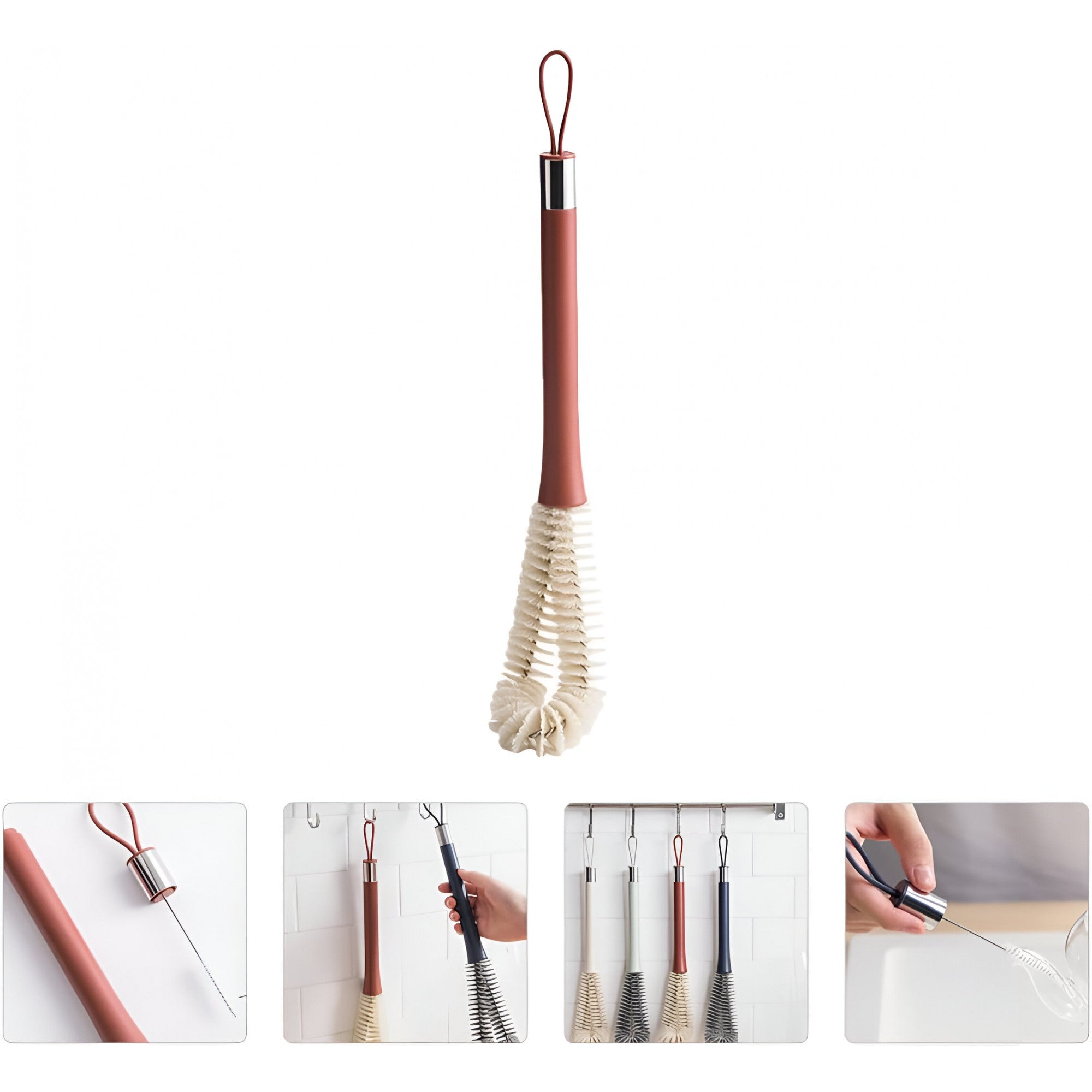 Perie de Curatat Pahare, Sticle, Biberoane, Flippy, cu Maner Lung, Uz Casnic, Silicon, Ergonomic, 3.9x5.4x38.5cm, Rosu-6