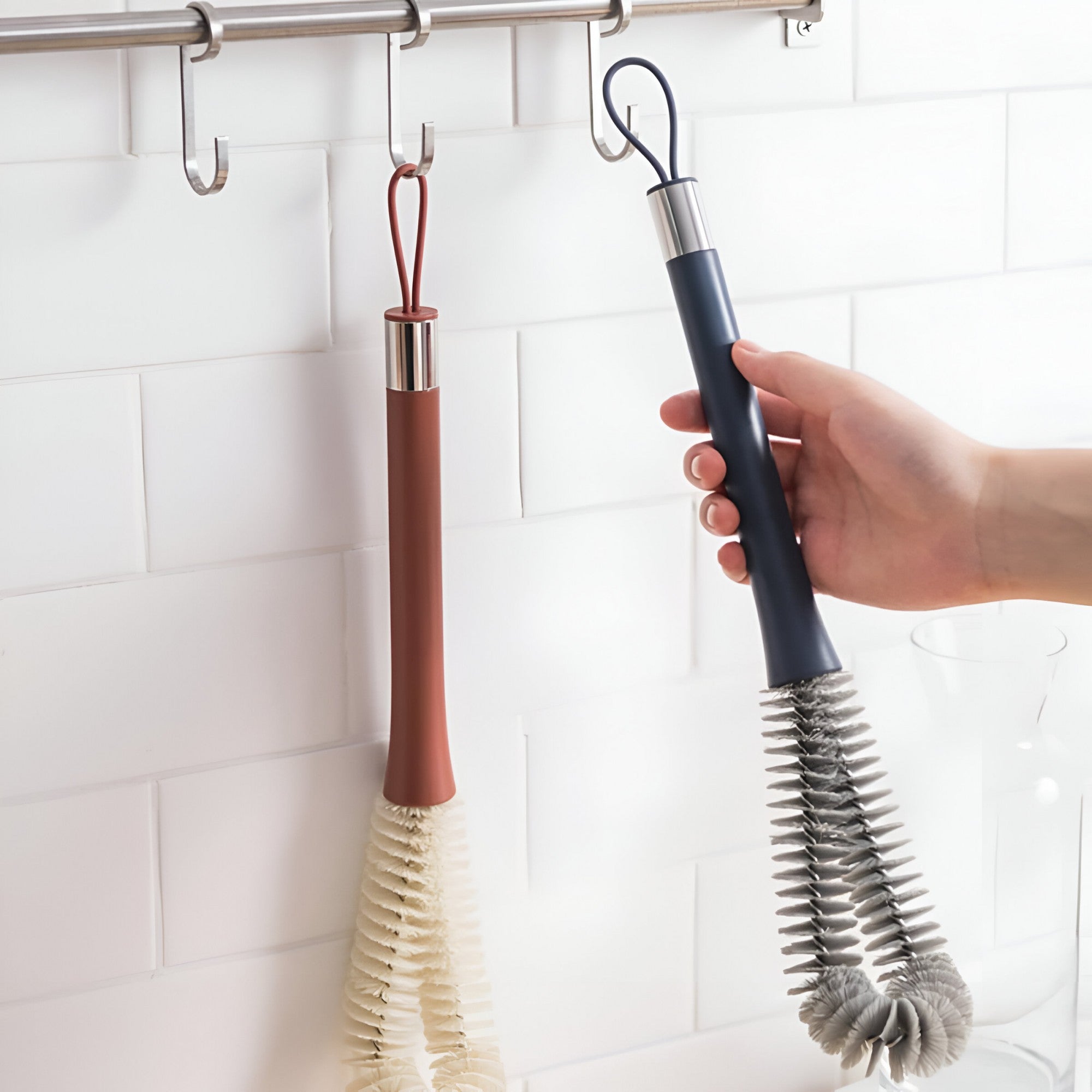 Perie de Curatat Pahare, Sticle, Biberoane, Flippy, cu Maner Lung, Uz Casnic, Silicon, Ergonomic, 3.9x5.4x38.5cm, Rosu-7