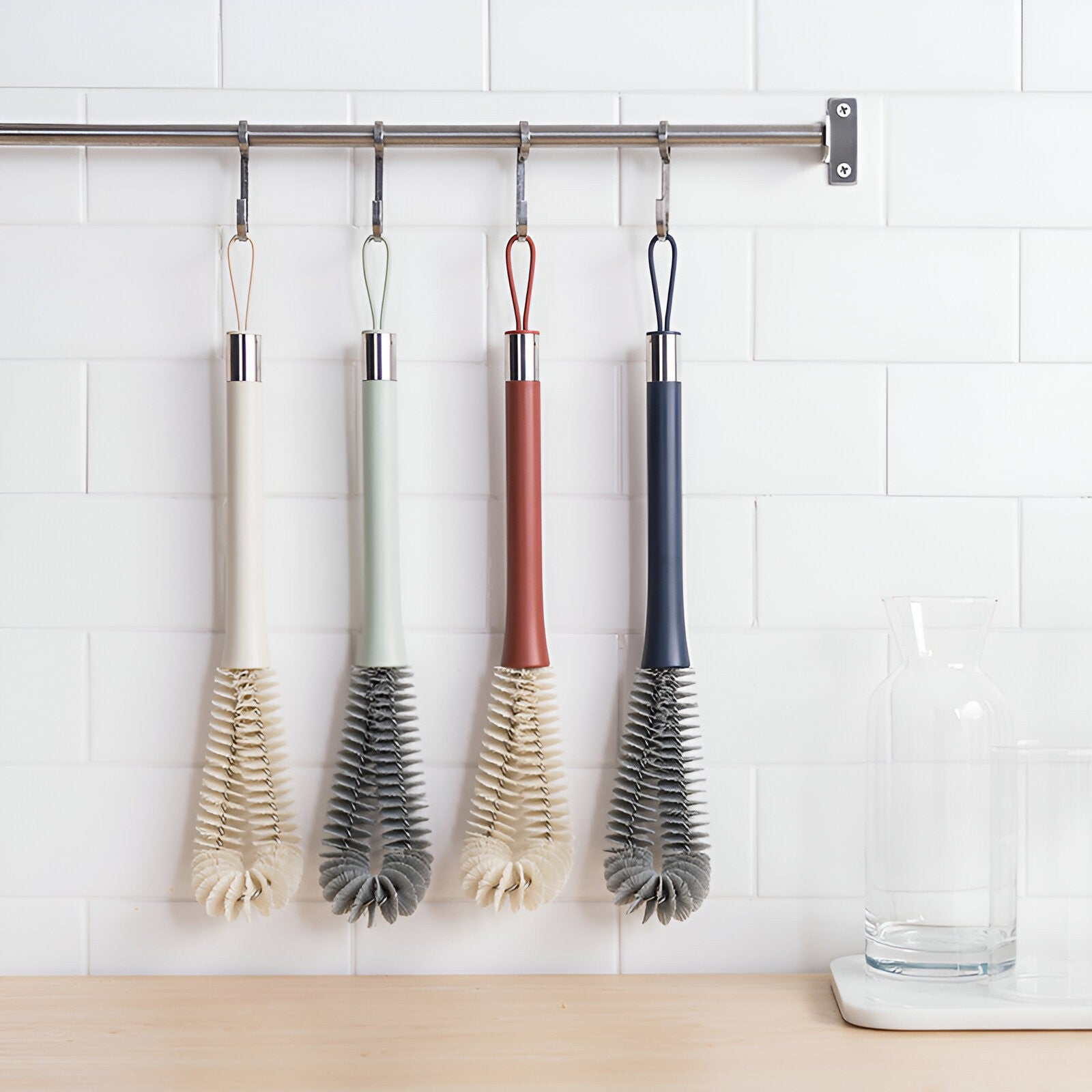 Perie de Curatat Pahare, Sticle, Biberoane, Flippy, cu Maner Lung, Uz Casnic, Silicon, Ergonomic, 3.9x5.4x38.5cm, Rosu-9