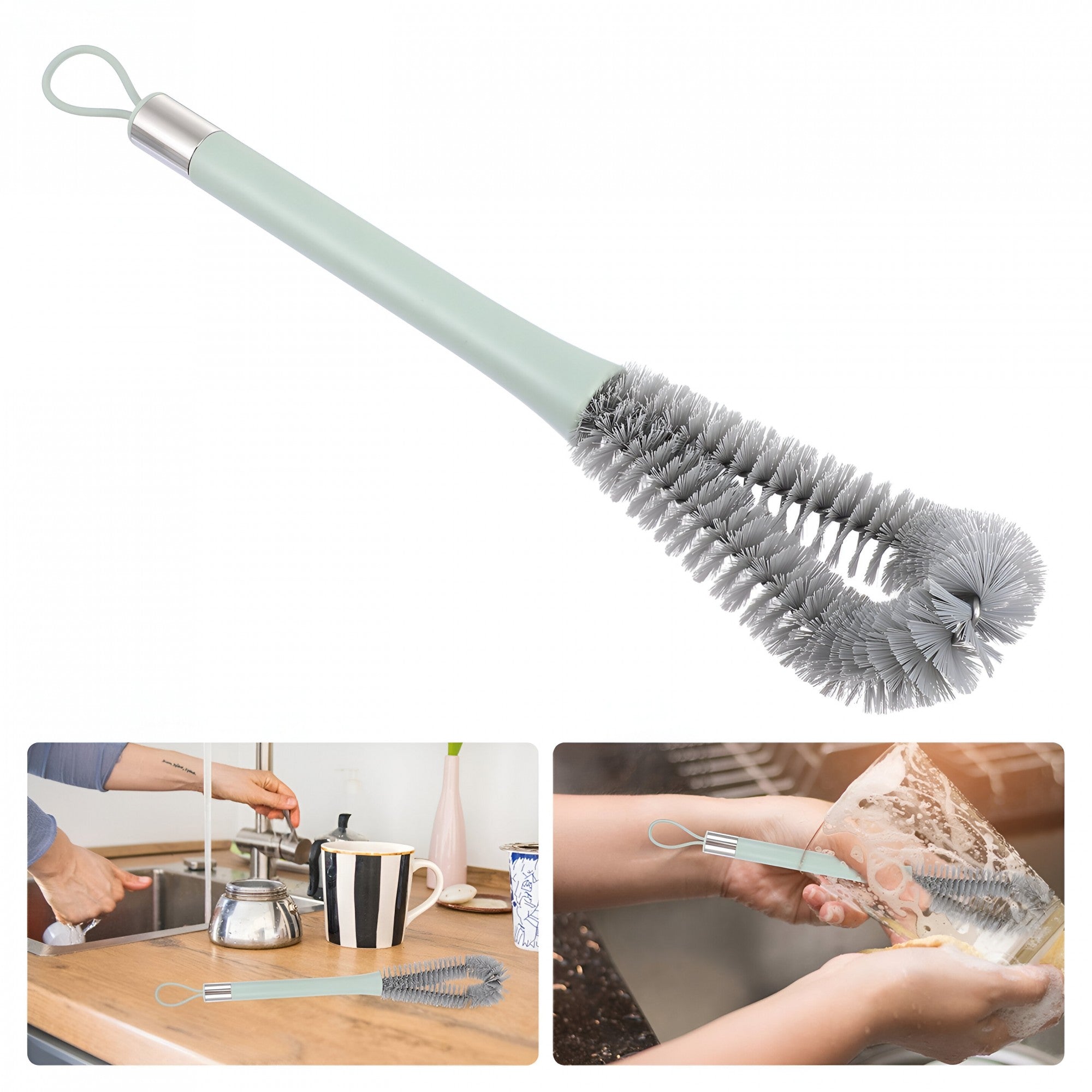 Perie de Curatat Pahare, Sticle, Biberoane, Flippy, cu Maner Lung, Uz Casnic, Silicon, Ergonomic, 3.9x5.4x38.5cm, Verde-6