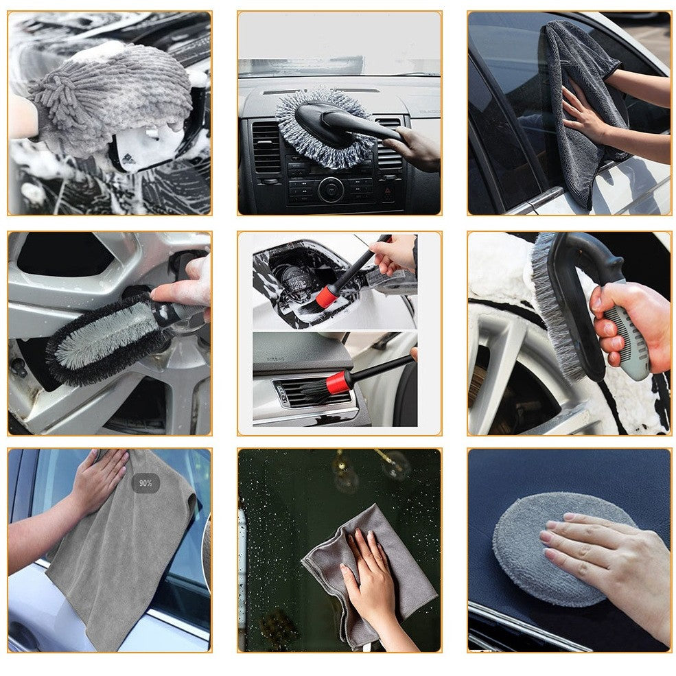 Set 9 Piese pentru Spalat Auto, Flippy, din Plastic si Microfibra, Perii si Lavete, Model A, Gri-3