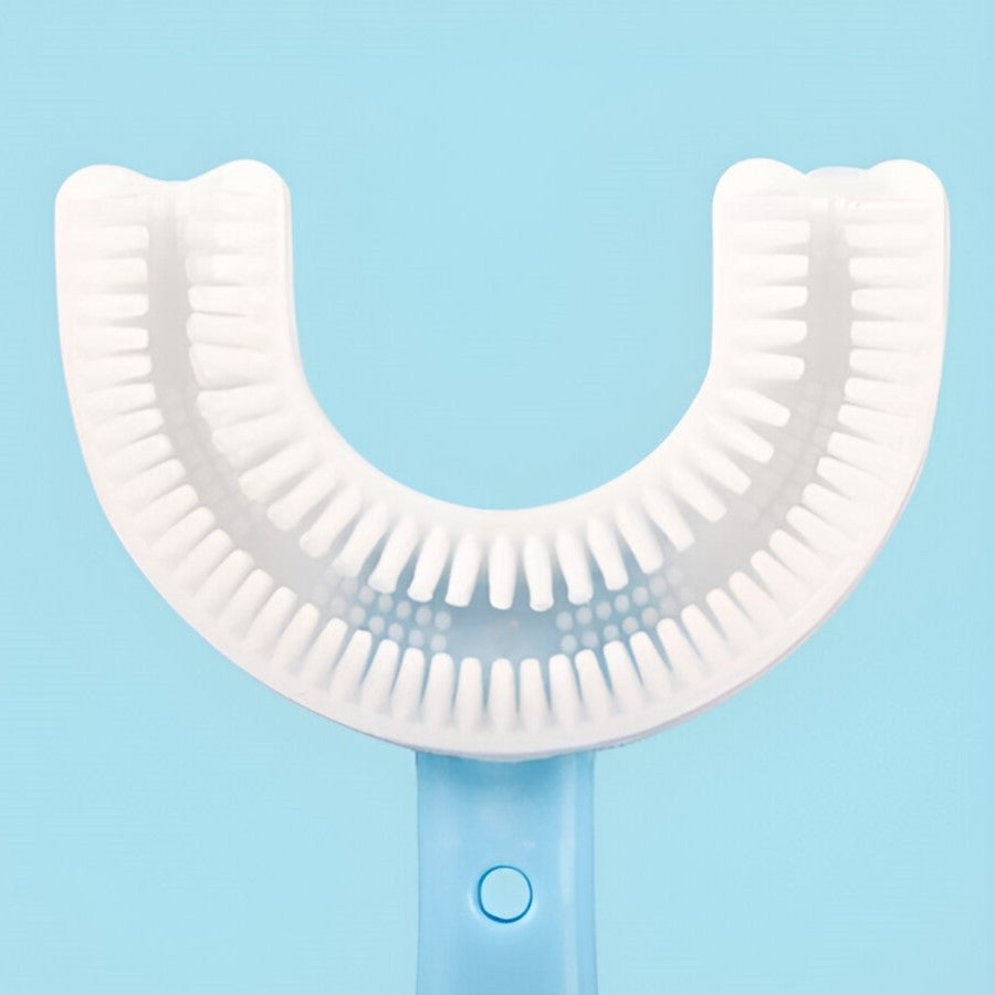 Periuta de Dinti in Forma de U, Flippy, pentru Copii 6-12 ani, Peri Moi, 12 cm, Model Inima, Culoare Albastru-1