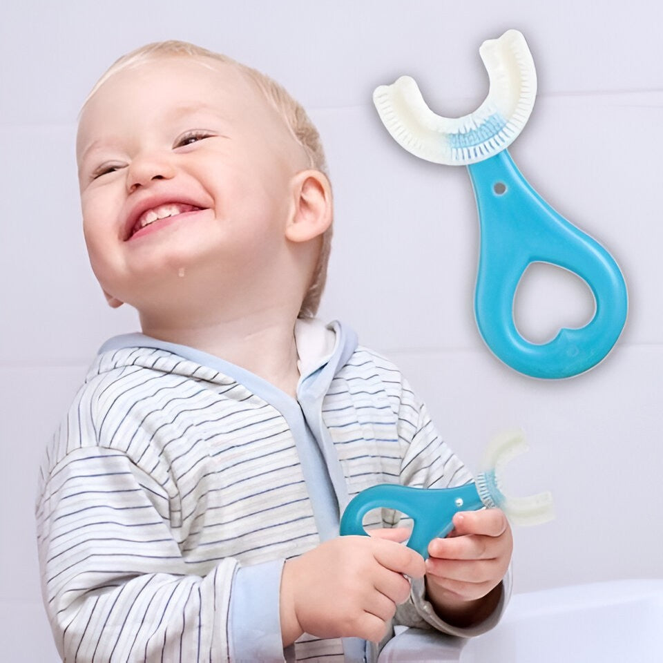 Periuta de Dinti in Forma de U, Flippy, pentru Sugari si Copii 2-6 ani, Peri Moi, 9 cm, Model Inima, Culoare Albastru-2