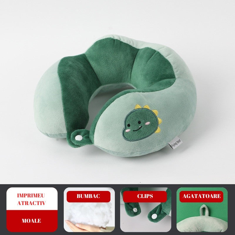 Perna de Calatorie, Flippy, Pentru Gat si Cap, Umplutura din Bumbac, 28x28x10 cm, cu Model Brodat Dinozaur, Verde-5