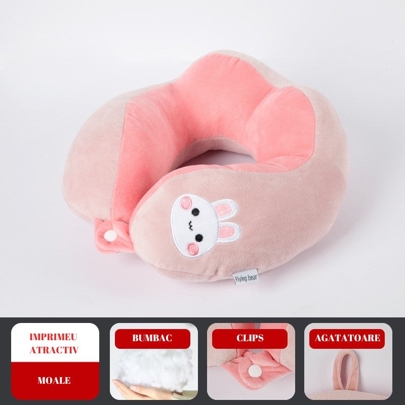 Perna de Calatorie, Flippy, Pentru Gat si Cap, Umplutura din Bumbac, 28x28x10 cm, cu Model Brodat Iepure, Roz-3