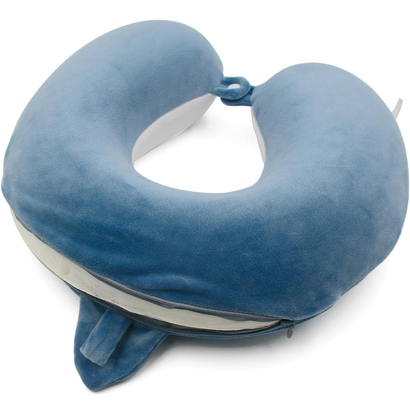Perna de Calatorie in Forma de U, Flippy, Pentru Gat si Cap, Umplutura din Spuma cu Memorie, 30x30 cm, Model Rechin, Accesoriu de Voiaj, Birou, Masina, Sistem Prindere Capse, Albastru-1