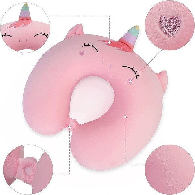 Perna de Calatorie in Forma de U, Flippy, Pentru Gat si Cap, Umplutura din Spuma cu Memorie, 30x30 cm, Model Unicorn, Accesoriu de Voiaj, Birou, Masina, Sistem Prindere Capse, Roz-1