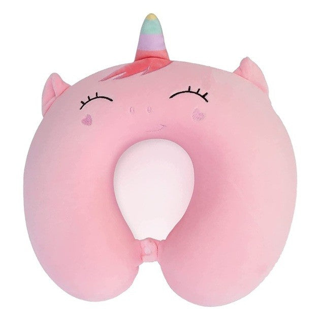 Perna de Calatorie in Forma de U, Flippy, Pentru Gat si Cap, Umplutura din Spuma cu Memorie, 30x30 cm, Model Unicorn, Accesoriu de Voiaj, Birou, Masina, Sistem Prindere Capse, Roz-0