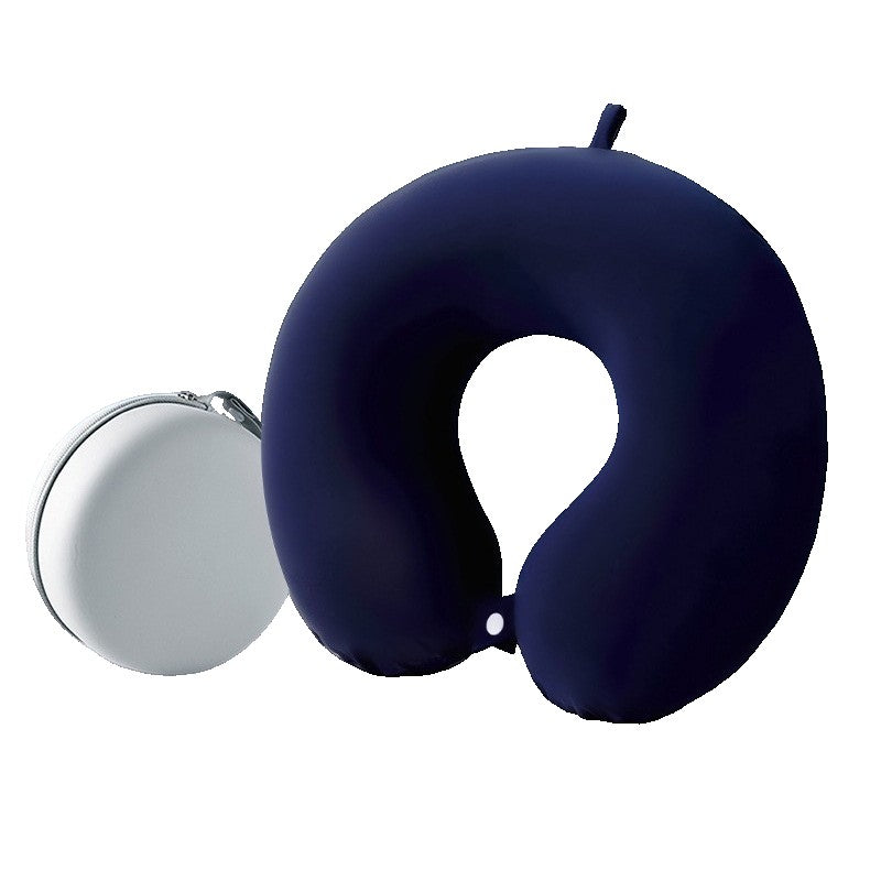 Perna de Calatorie in Forma de U, Flippy, Pentru Gat si Cap, Umplutura din Spuma cu Memorie, 30x30 cm, Sistem Prindere Capse, Cutie de Depozitare, Albastru Marin-0