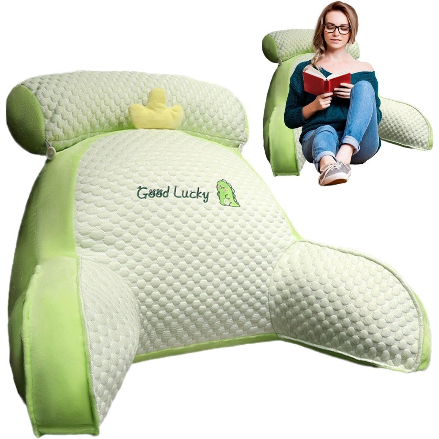 Perna Multifunctionala, Flippy, Spatar pentru Pat, Protectie Lombara, Marime Medie, 60 x 40 cm, din Plus, Model Dinozaur, Verde-1