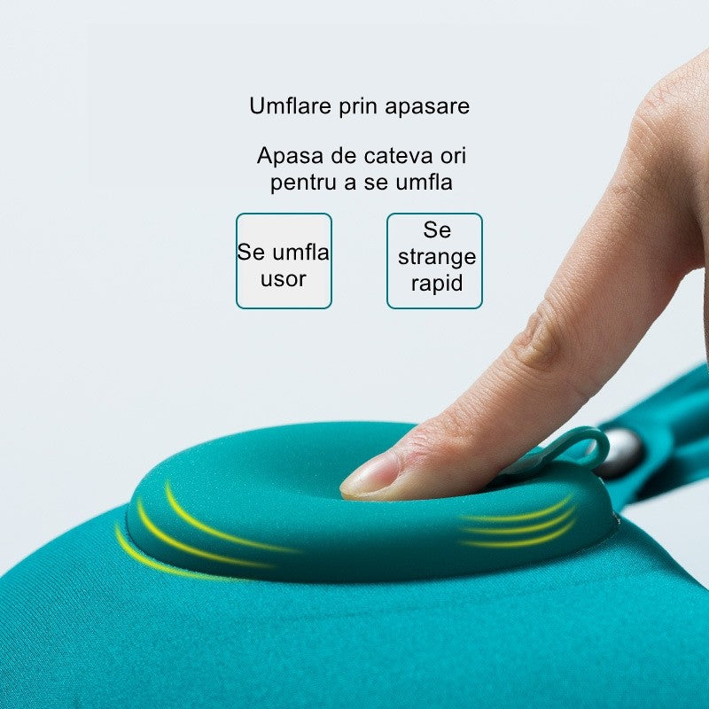 Perna pentru gat Flippy, portabila, umflare prin apasare, usor de depozitat, imbracata in material catifelat, in forma de U, 40 x 28 cm, verde-4