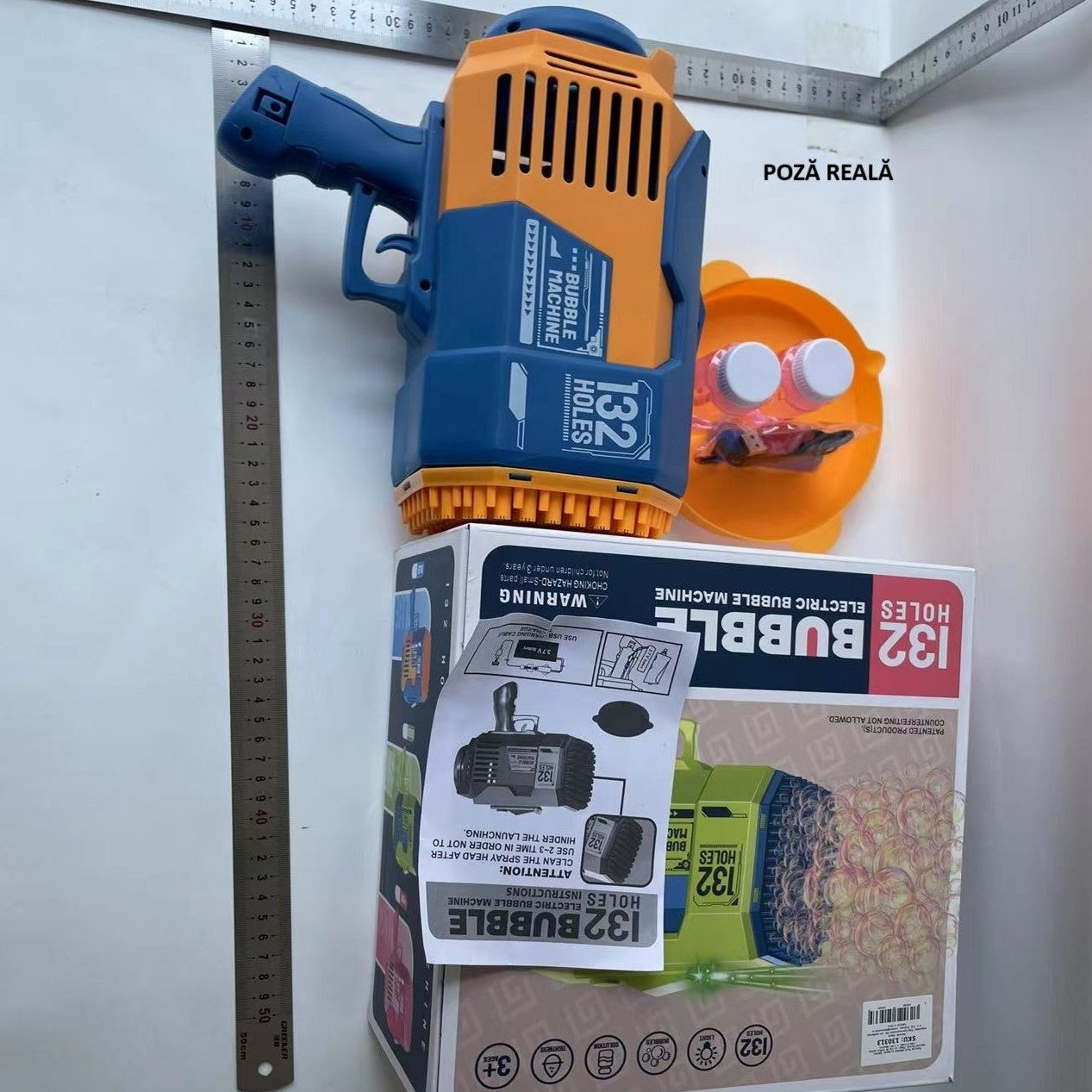 Pistol pentru Baloane de Sapun, Flippy, 132 de Gauri, Lumini Colorate, Tavita, Lichid, Baterie de Li, Cablu de Incarcare, 25cm x 13cm x 26cm, Albastru-5