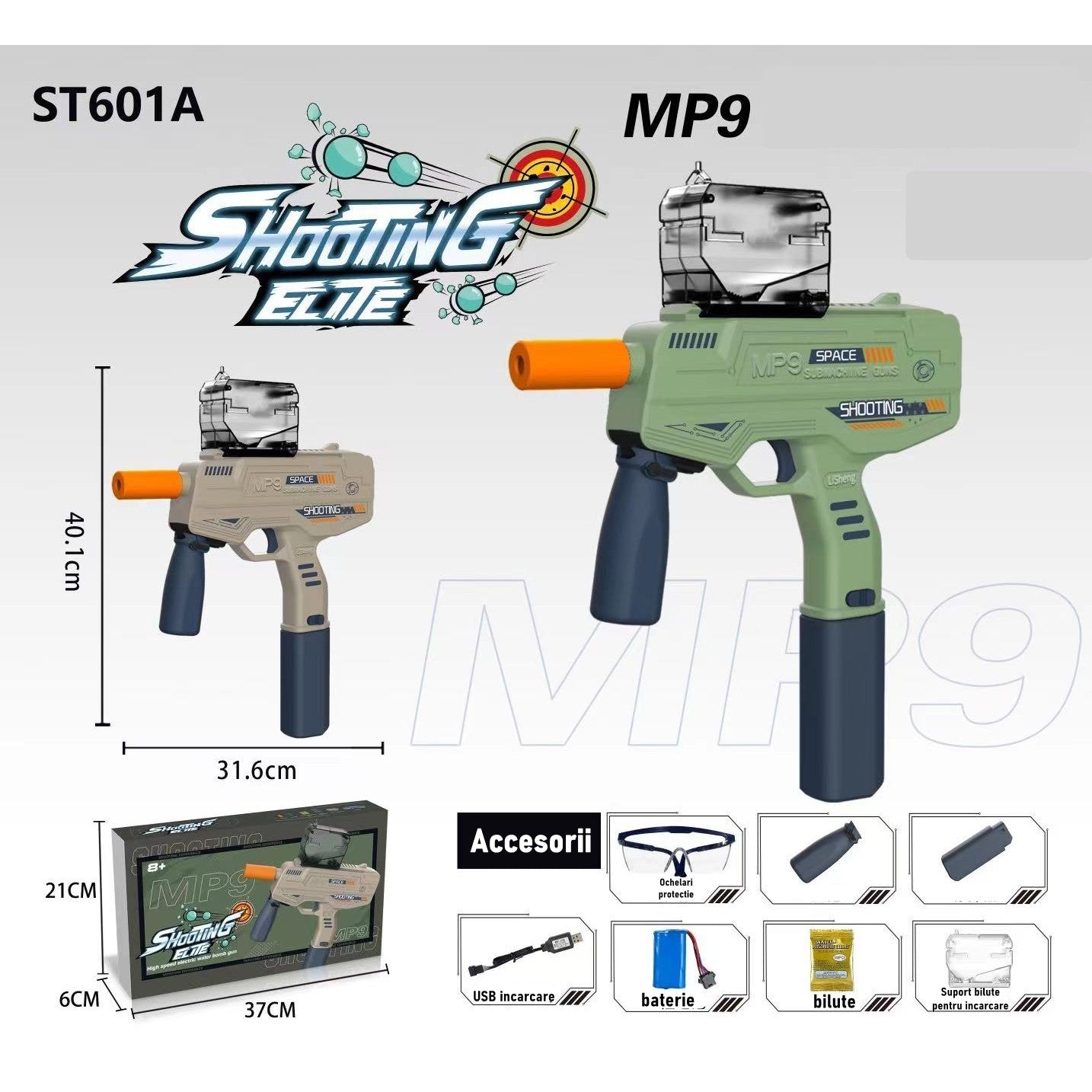 Mitraliera de jucarie electrica Flippy cu bile de hidrogen de gel, gun bluster, tragere in rafala, varsta peste 6 ani, ochelari de protectie, 5000 de bile incluse, cablu de incarcare, 40.1 x 31.6 cm, Mp9, crem-2