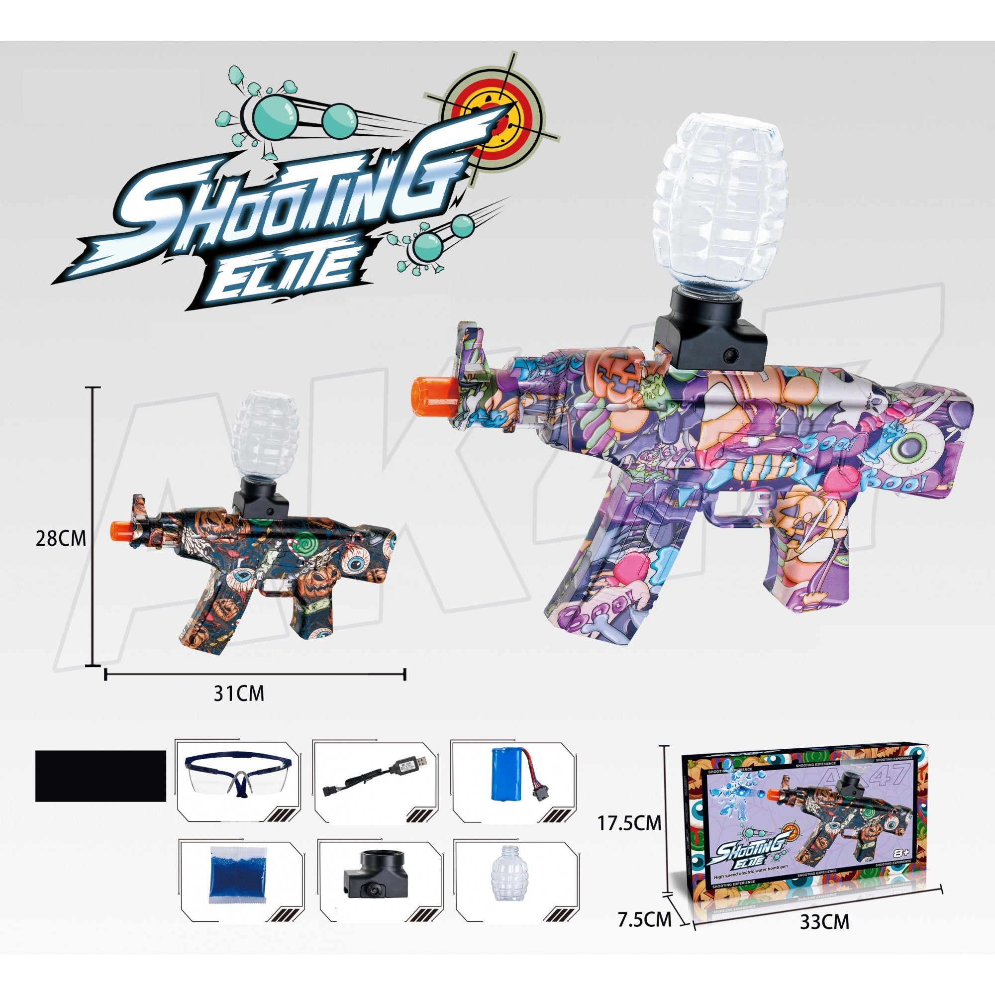 Mitraliera de jucarie electrica Flippy cu bile de hidrogen de gel, gun bluster, tragere in rafala, varsta peste 6 ani, ochelari de protectie, 5000 de bile incluse, cablu de incarcare, 28x31 cm, AK47, mov-1