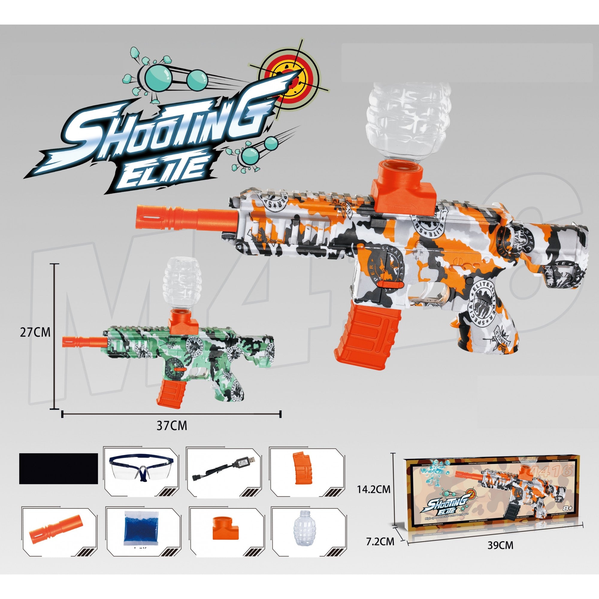 Mitraliera de jucarie electrica Flippy cu bile de hidrogen de gel, gun bluster, tragere in rafala, varsta peste 6 ani, ochelari de protectie, 5000 de bile incluse, cablu de incarcare, 27x37 cm, M416, verde-1