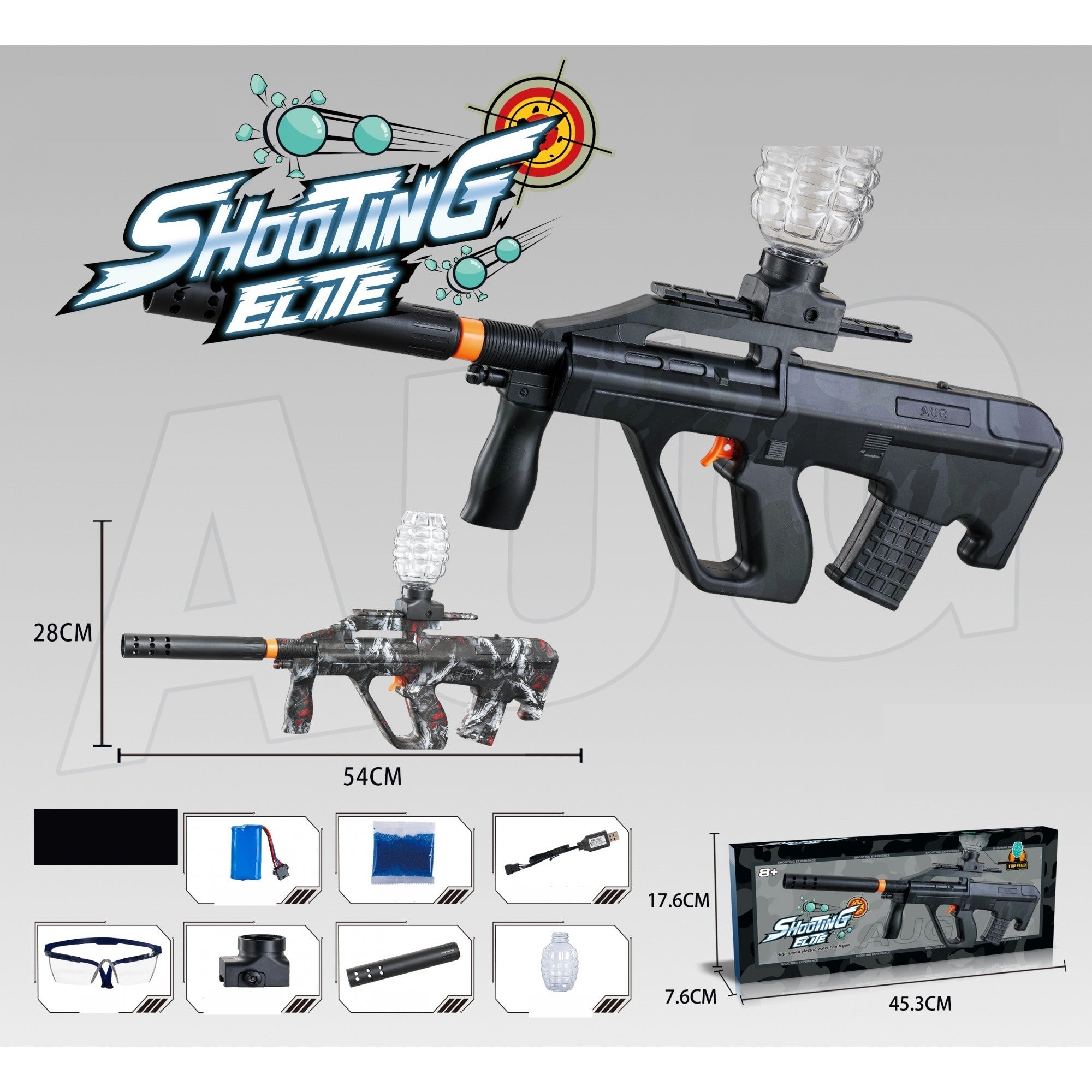 Mitraliera de jucarie electrica Flippy cu bile de hidrogen de gel, gun bluster, tragere in rafala, varsta peste 6 ani, ochelari de protectie, 5000 de bile incluse, cablu de incarcare, 28x31 cm, AUG, negru/gri-1