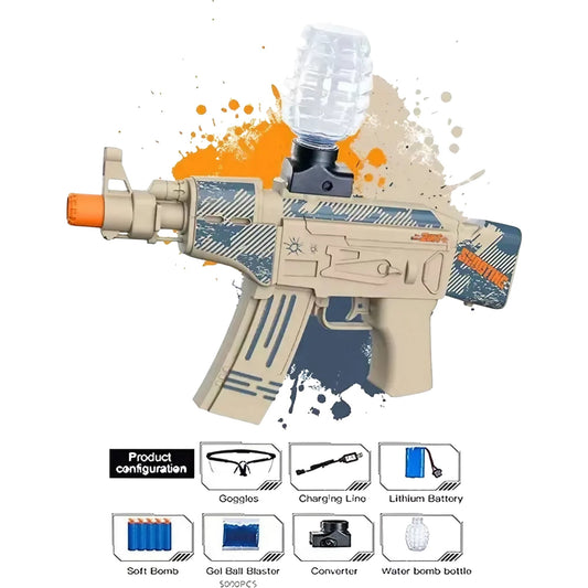 Mitraliera de jucarie electrica Flippy cu bile de hidrogen de gel, gun bluster, tragere in rafala, varsta peste 6 ani, ochelari de protectie, 5000 de bile incluse, cablu de incarcare, 28x31 cm, AK47, crem-1