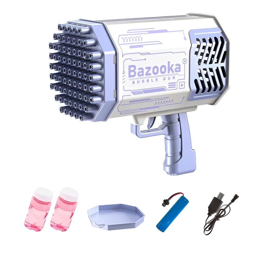 Pistol pentru Baloane de Sapun, Flippy, 69 de Gauri, Lumini Colorate, Tavita, Lichid, Baterie de Li, Cablu de Incarcare, 24cm x 14cm x 24cm, Mov-1